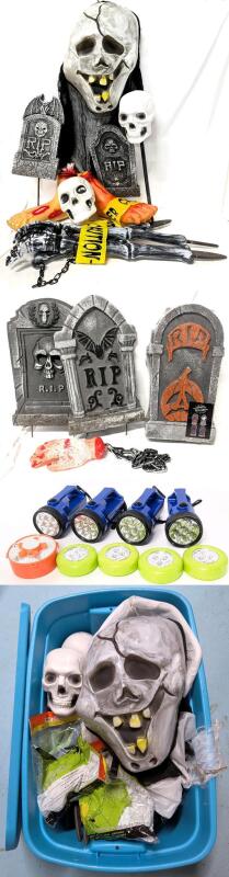 HALLOWEEN Garden & Yard Decorations: Foam Tombstones, Body Parts, Small Flashlights & Adhesive Lights (Untested), All In 25.5" &times; 17.75" &times; 15.5" Lidded Bin
