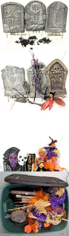 HALLOWEEN Garden & Yard Decorations: Foam Tombstones, Body Parts, Small Garden Stake Witches & Scarecrows+, All In 68L Plastic Tote With Lid