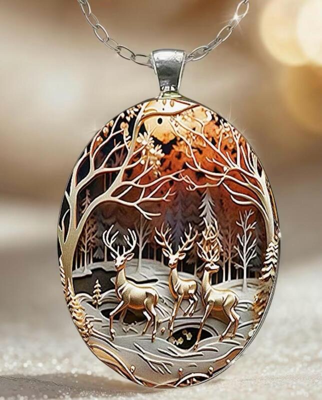 Exquisite and Elegant Forest Deer Glass Pendant Necklace Featuring a Stereoscopic Effect Complex Art Pendant 1.5&rsquo;&rsquo; Chain 19&rsquo;&rsquo; Stock photos added
