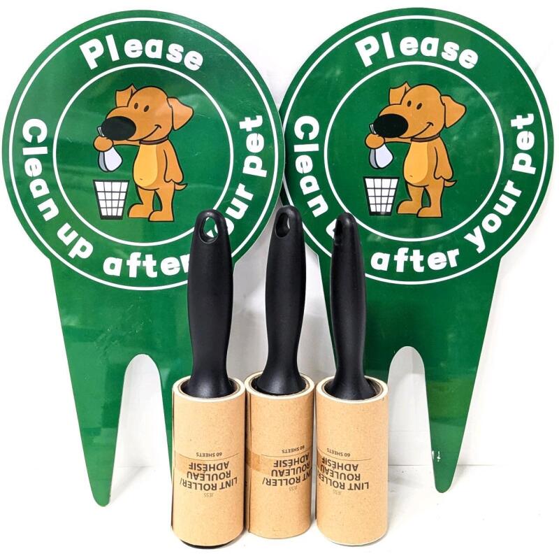 2 New "Please Clean Up After Your Pet" 13.85" Long Yard Signs & 3&times; Lint Rollers (60 Sheets Per Roll)