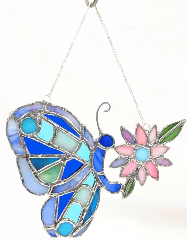 Handmade Stained Glass Butterfly on Flower, 7.75" &times; 6" Long (Excluding Chain)