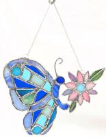 Handmade Stained Glass Butterfly on Flower, 7.75" &times; 6" Long (Excluding Chain)