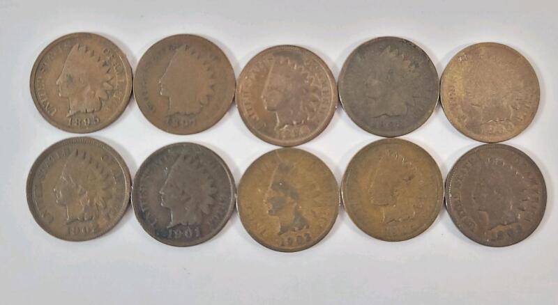 1895 - 1905 USA Indian Head One Cent Pennies . 1895 , 1897 , 1898 , 1899 , 1900 , 1901 , 1902 , 1903 ,1904 & 1905 . Ten (10) Coins
