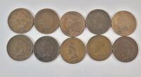 1895 - 1905 USA Indian Head One Cent Pennies . 1895 , 1897 , 1898 , 1899 , 1900 , 1901 , 1902 , 1903 ,1904 & 1905 . Ten (10) Coins