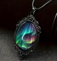 Elegant Bohemian Northern Aurora Borealis Necklace - Green, Purple, Black Glass Pendant with Black Japanned Frame - Norway, Iceland, Alaska Travel Lovers - Romantic Aurora Landscape Design with Iridescent Colors Pendant 2&rsquo;&rsquo; Black cord chain with extender 