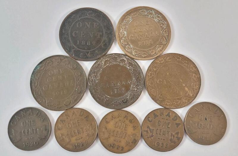 1882 - 1935 Canadian Large and Small One Cent Pennies . Large : 1882 , 1916 , 1918 , 1919 1920 . Small : 1920 , 1929 , 1932 , 1933 , 1935 . Ten (10) Coins