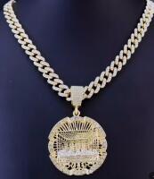 Round Medallion Last Supper Pendant with Cuban Chain Rhinestones Accents Medallion Round Detailed Pendant 2.5&rsquo;&rsquo; with Bale Chain 18&rsquo;&rsquo; Snap Over Clasp