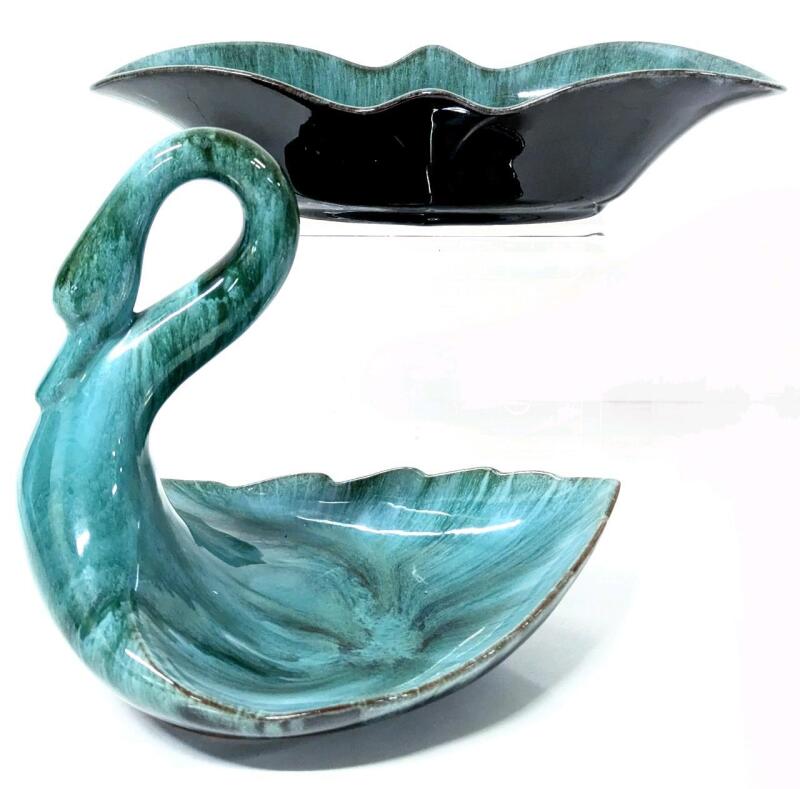 MCM Vintage Signed & Unsigned BLUE MOUNTAIN POTTERY: Swan Dish & Teal Oval Candy Dish Up To 19.2" Long, No Chips or Cracks