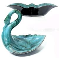 MCM Vintage Signed & Unsigned BLUE MOUNTAIN POTTERY: Swan Dish & Teal Oval Candy Dish Up To 19.2" Long, No Chips or Cracks