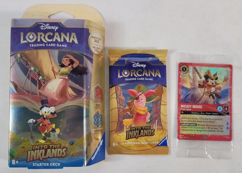 DISNEY Lorcana Trading Card Game Sealed Starter Deck , Wax Pack & Mickey Mouse Pirate Captain Card . All Sealed