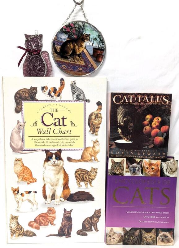 Meow! Small 5.5" Stained Glass Cat, 6.5" Diameter Cat Suncatcher & 3 Hardcover Books: Encyclopedia of Cats, Cat Tales & The Cat Wall Chart