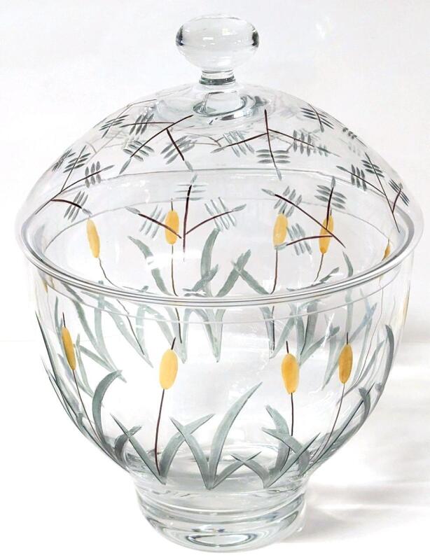Lovely Fifth Avenue Lidded Crystal Glass Candy Dish Bowl Cattails & Pussy Willows, Cut, Etched & Handpainted Romania, 9.15" Tall, No Chips or Cracks