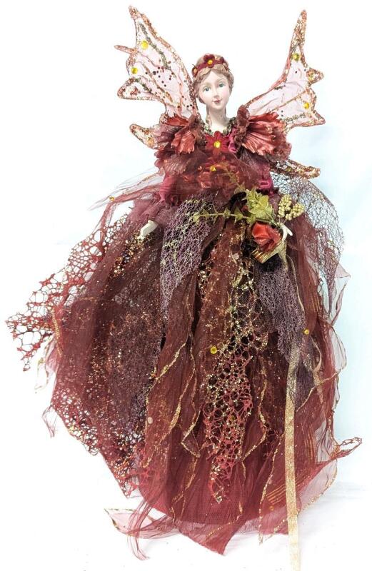 Large Cranberry Fairy Queen Tree Topper Figure, 23" To Top of Wings