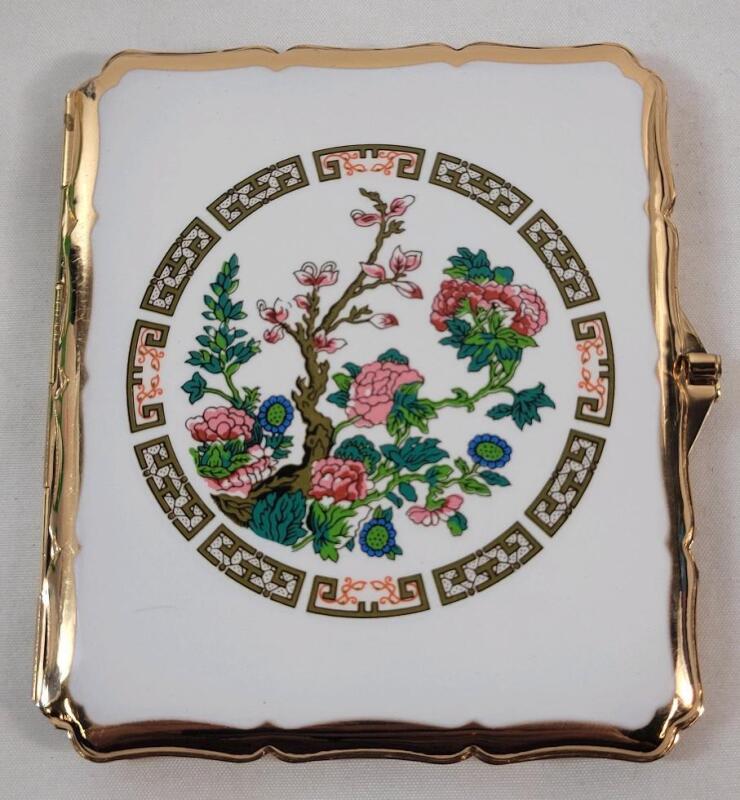 Stratton Enamel Front Indian Tree Cigarette Case . Measures 3 &frac34;"&times;3 &frac14;" .