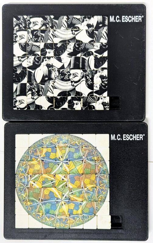 2 Devilishly Difficult M.C. ESCHER Sliding Tile Puzzles by Pussycat Germany, 6" &times; 5.8" Each