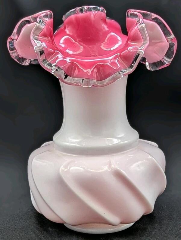 Vintage Unsigned Fenton Peach Crest Blow Cased Pink Milk Glass Swirl Vase, 7" Tall, No Chips or Cracks