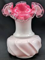 Vintage Unsigned Fenton Peach Crest Blow Cased Pink Milk Glass Swirl Vase, 7" Tall, No Chips or Cracks
