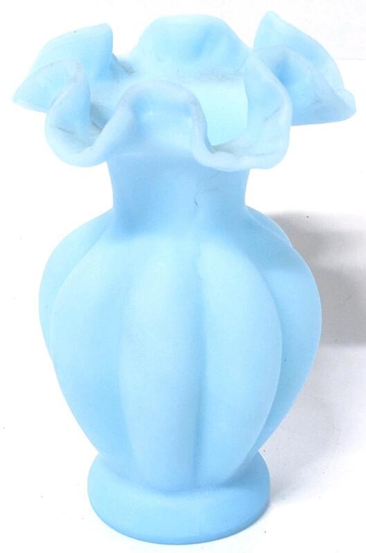 Vintage Unsigned Fenton Matte Blue Satin Glass Melon Vase, 5.75" Tall, No Chips or Cracks