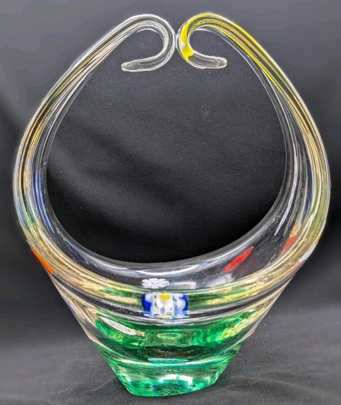 Vintage Murano-Style Millefiori Flower Basket Candy Dish, 9" Tall, No Chips or Cracks
