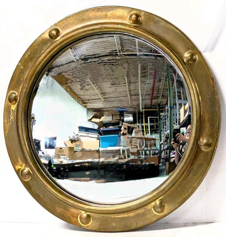 Vintage Brass Round Porthole Wall-Mirror Convex Mirror, 14.75" Diameter