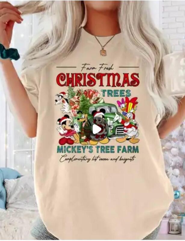 New Women&rsquo;s Size XL Officially Licensed Disney Christmas Vintage Short Sleeve T-Shirt - Mickey, Minnie & Donald Duck in Santa Outfits with Tree Farm Graphic, Soft Round Neck Casual Holiday Festive Clothing, Playful Print, Retro Style Machine Wash 100% Pol