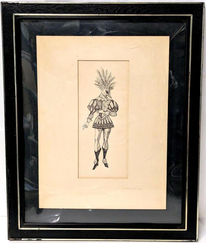 Vintage 1967 Signed RIKLI Ink Drawing Fantastical Beast in Period Costuming, Peacock-Headed Medieval Costuming, Frame 12.75" &times; 14.75"