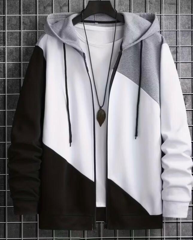 New Size XL Stylish Color Block Men's Hoodie with Pockets, Trendy Comfortable Zip-up Sweatshirt Machine Washable 100% Polyester Stock photos added