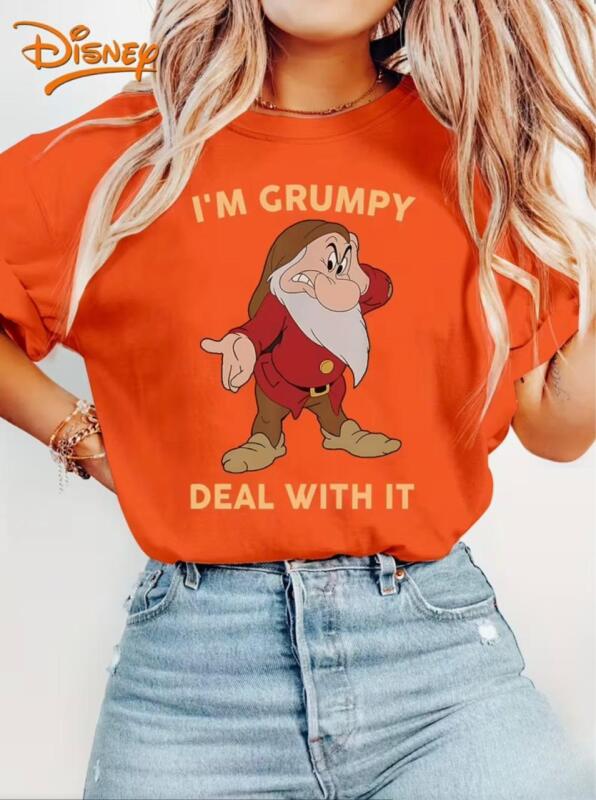 New Size XL Disney Women's Beautiful Short-Sleeve T-Shirt "Snow White and the Seven Dwarfs" Grumpy, I'M GRUMPY DEAL with IT Letter Print, Soft Stretch Round Neck Casual Top Machine Washable 100% Polyester Stock photos added