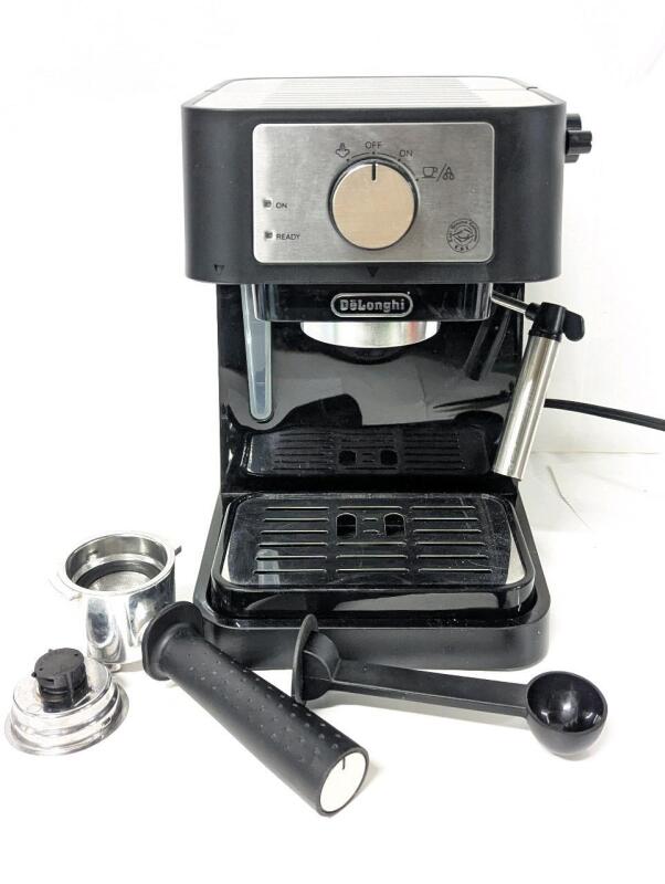 DELONGHI EC260BK Stilosa Manual Espresso Machine, Compact Coffee Maker, 15 Bar Pump Pressure, Manual Milk Frother Steam Wand for Authentic Single & Double Espresso, Lattes & Cappuccinos, Tamper Included, Retails $129 New, Tested For Power