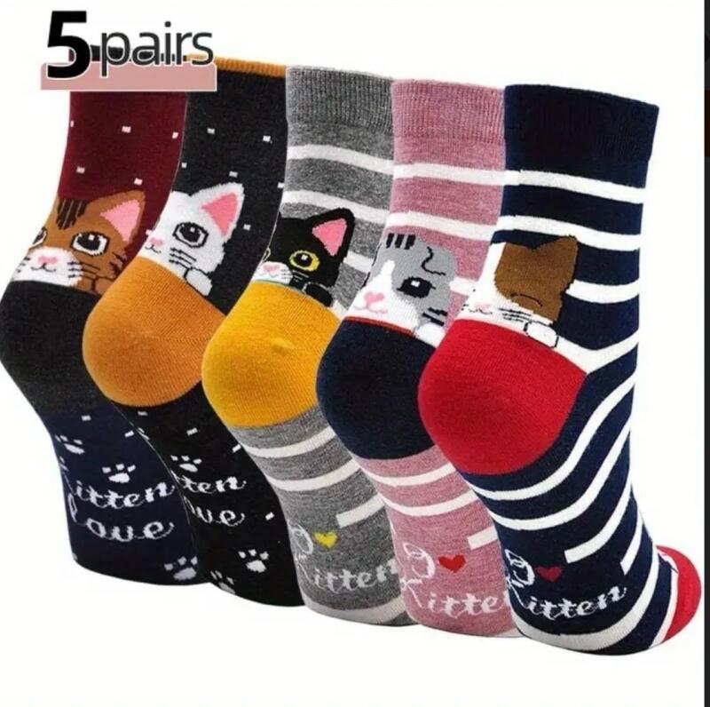 New 5 Pairs Womens Cat Socks Mini Crew Socks Stretchy, Comfortable, Machine Washable Approximate 10.25&rsquo;&rsquo; 95% Polyester 5% Elastane stock photos added colour may vary