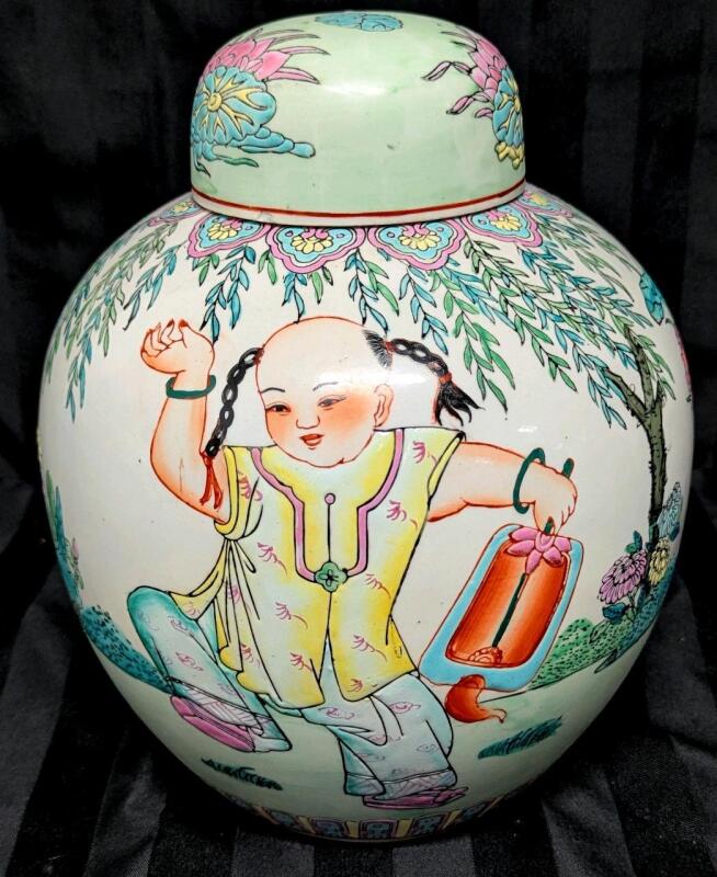 Large Vintage Chinese Porcelain Ginger Jar With Chilldren, Stamped Longren Yangqingzhigan, 10.5" Tall, No Cracks, Small Chip in Lid Inside Rim