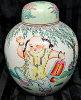 Large Vintage Chinese Porcelain Ginger Jar With Chilldren, Stamped Longren Yangqingzhigan, 10.5" Tall, No Cracks, Small Chip in Lid Inside Rim