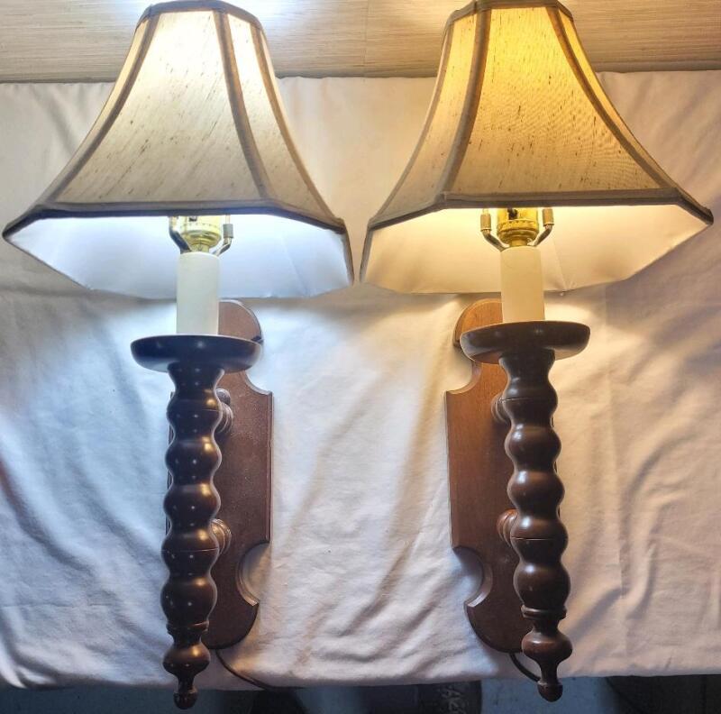 Matching Pair Electric Wall Sconce Lights w/Shades . Tested Working (bulbs not included). Each measures 23"&times;10"&times;10.5"