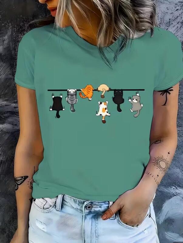 New Size L Women's Mint Ocean Green Cat Print Top with Cute Hanging Cats, Machine Washable 100% Polyester Stock photos added