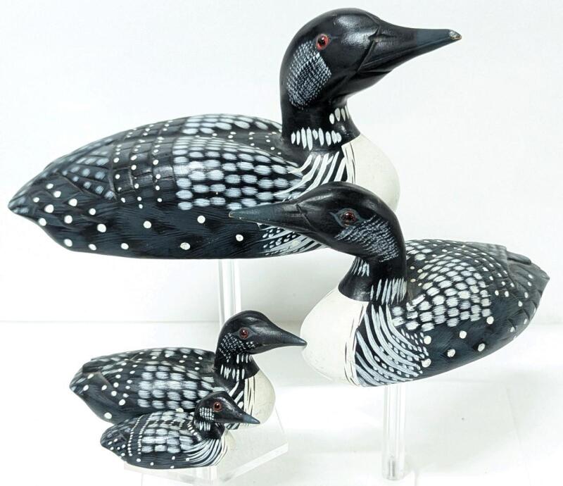 Set of 4 Vintage Wooden Loons, 2" - 6.5" Long