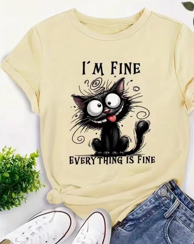New Size L Women&rsquo;s Light Yellow Funny Cat T-Shirt - "I'm Fine, Everything Is Fine" Slogan & Black Kitten Print, Round Neck Short Sleeve Casual Top, Machine Washable 95% Polyester 5% Elastane Stock photos added