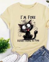 New Size L Women&rsquo;s Light Yellow Funny Cat T-Shirt - "I'm Fine, Everything Is Fine" Slogan & Black Kitten Print, Round Neck Short Sleeve Casual Top, Machine Washable 95% Polyester 5% Elastane Stock photos added