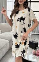 New Size XL Women's Cute Cat Elegant Sleep Dress - Light Beige Lounge Nightgown with Cute Black Cats, Soft Machine Wash 95% Polyester 5% Elastane Stock photos added
