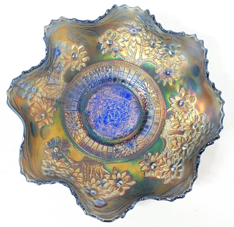 STUNNING Vintage Unsigned Fenton "Orange Tree" Pattern Iridescent Cobalt Blue Iridescent Carvival Glass Bowl With Ruffled Edges, 8" Diameter, No Chips or Cracks