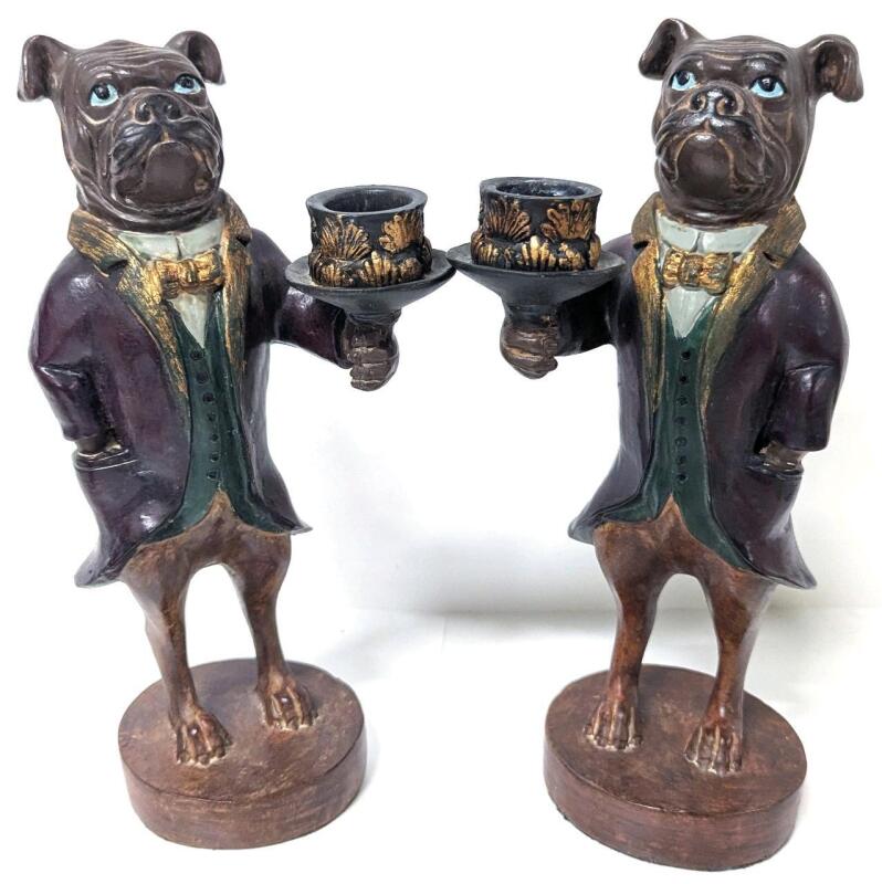 Pair of Dapper Bulldog / Boxer Butler Candle Holders, 9" Tall