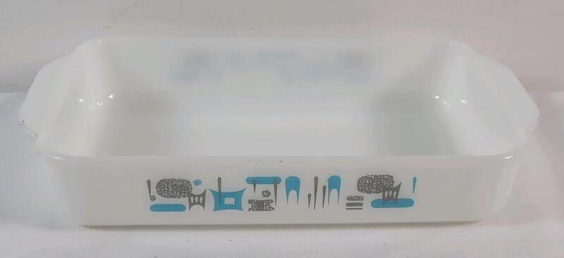 Vintage Anchor Hocking Fire-King " Blue Heaven " Milk Glass Loaf Pan. Measures 12"&times;6.5"&times;2" . No chips or cracks , would benefit from cleaning before use