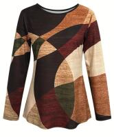 New Size XL Women's Retro Ethnic Print Casual T-Shirt - Autumn Coloured Geometric Pattern Round Neck Long Sleeve Top, Machine Washable 95% Polyester 5% Elastane Stock photos added