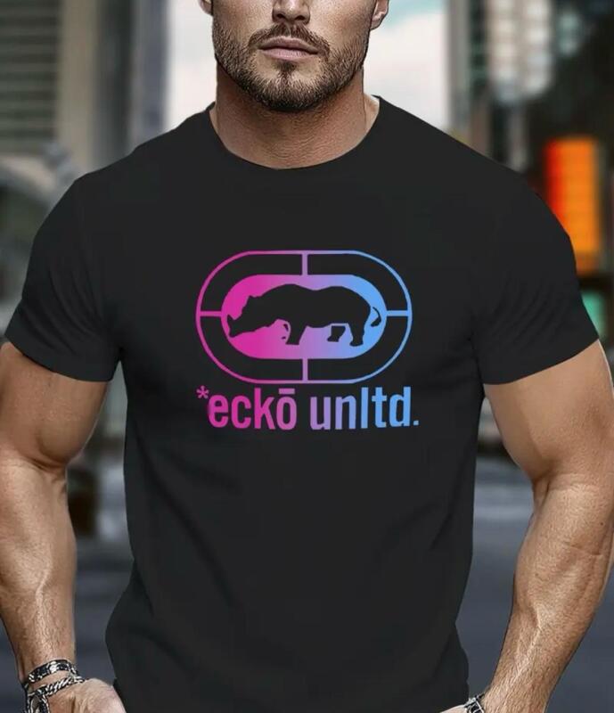 Men's White Gaming Graphic T-Shirt with Ecko Unltd-Inspired Logo Print - Casual Round Neck Short Sleeve Streetwear Machine Washable Comfort Fit Bold Pink & Blue Lettering & Ecko Design Stock photos added