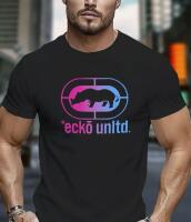 Men's White Gaming Graphic T-Shirt with Ecko Unltd-Inspired Logo Print - Casual Round Neck Short Sleeve Streetwear Machine Washable Comfort Fit Bold Pink & Blue Lettering & Ecko Design Stock photos added