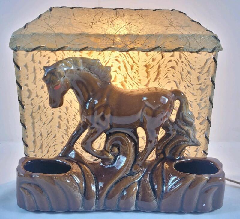 Vintage MCM Ceramic Horse TV Lamp . Measures 10" wide & 9.5" tall . Test Working