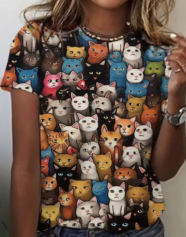 New size XL Colouful Cats Playful Print Relaxed Fit Women's Casual Short Sleeve T-Shirt Machine Washable 100% Polyester Stock photos added