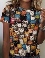 New size XL Colouful Cats Playful Print Relaxed Fit Women's Casual Short Sleeve T-Shirt Machine Washable 100% Polyester Stock photos added