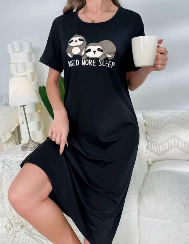 New Ladies L Sloth Cozy Nightgown and "Need More Sleep" Print Relaxed Fit Machine Washable 95% Polyester 5% Elastane Stock photos added