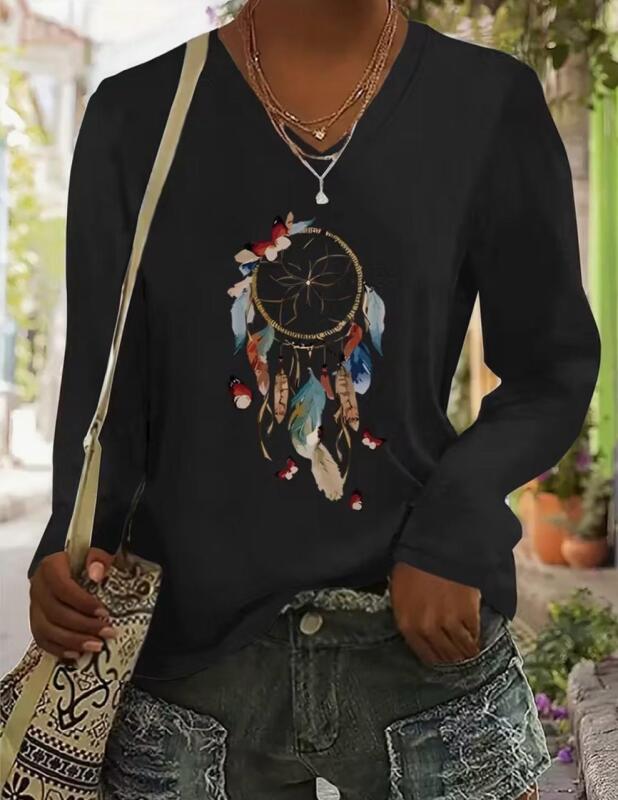 New Women's Size Large Dream Catcher & Feathers Casual Long Sleeve V-Neck T-Shirt Washable 100% Polyester Stock photos added