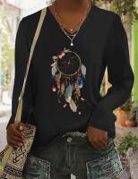 New Women's Size Large Dream Catcher & Feathers Casual Long Sleeve V-Neck T-Shirt Washable 100% Polyester Stock photos added